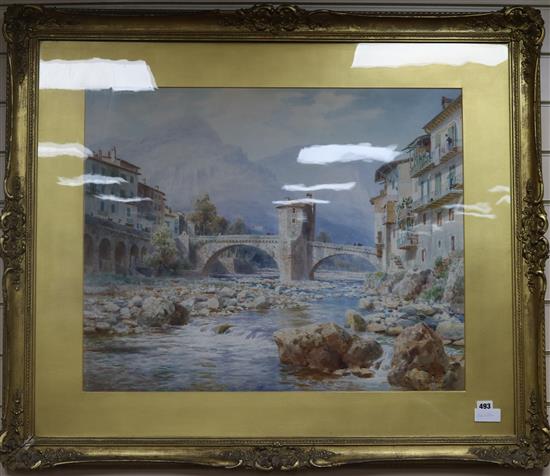 Henry B. Wimbush Italian town scene with bridge over a river 23 x 29in.